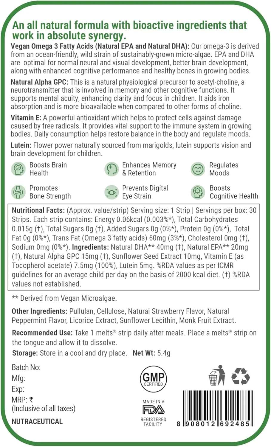 نوار خوراکی امگا 3 گیاهی کودکان (6+) Wellbeing Nutrition Marvel Hulk Melts | پشتیبانی از رشد مغز، تمرکز، سلامت چشم و قلب | امگا 3 EPA DHA جلبکی | طعم نعناع توت فرنگی (30 عدد)