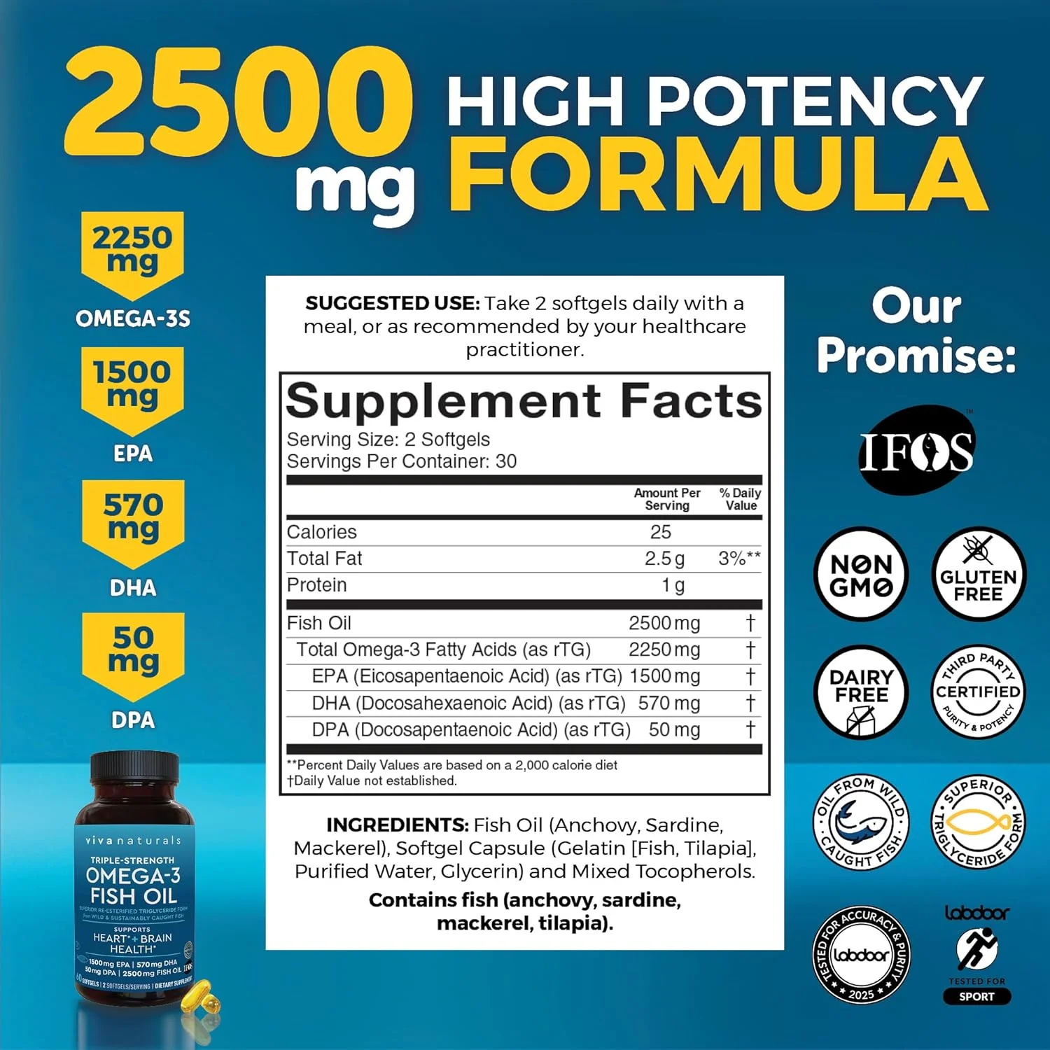 مکمل روغن ماهی امگا 3 با قدرت سه برابر Viva Naturals - 2500 میلی گرم روغن ماهی با اسیدهای چرب امگا 3 دوباره استری شده شامل EPA، DHA، DPA - 60 سافت ژل مناسب گیاهخواران