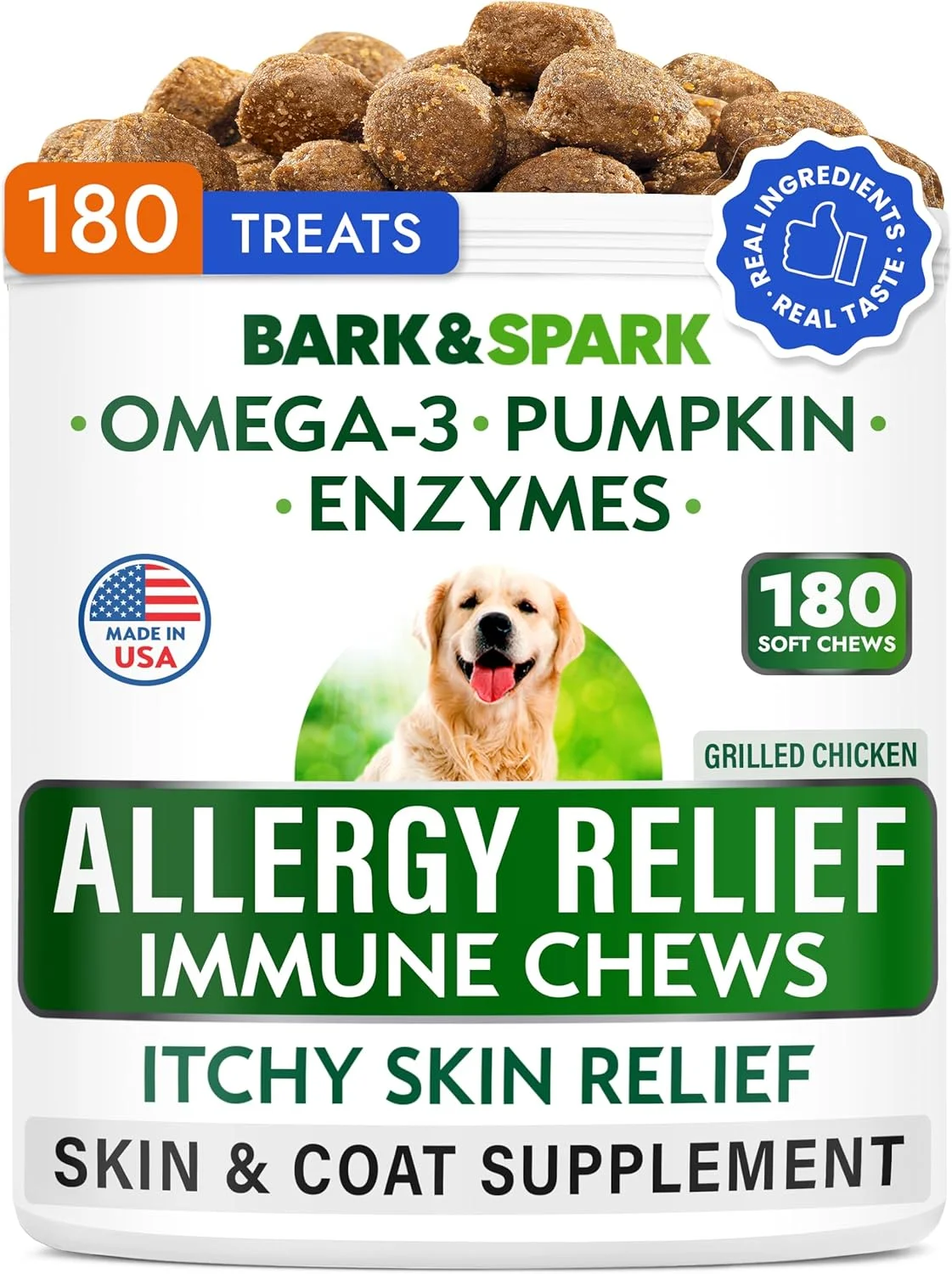 تشویقی سگ برای رفع آلرژی BARK&SPARK (180 عدد) - مکمل پوست و مو ضد خارش - روغن ماهی امگا 3 - درمان خارش پوست - لیسیدن پنجه - پوست خشک و نقاط داغ - طعم مرغ کبابی