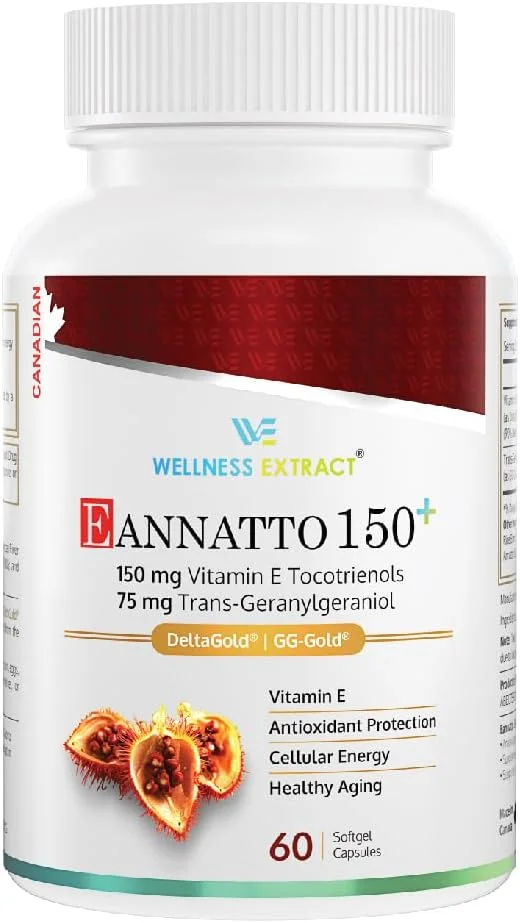 مکمل Eannatto 150 میلی گرمی ویتامین E توکوترینول و 75 میلی گرمی ژرانیل ژرانیول GG، 60 سافت ژل، فاقد توکوفرول، پشتیبانی از سلامت آنتی اکسیدانی، انرژی سلولی، پیری سالم.