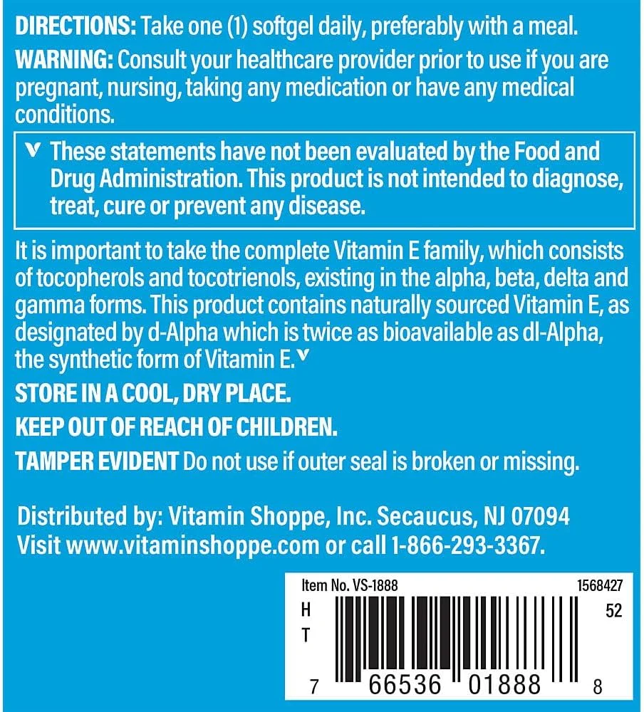 سافت ژل ویتامین ای 400 واحد بین المللی Vitamin Shoppe E400 High Gamma – آنتی اکسیدان برای پشتیبانی از سلامت قلب و عروق، سیستم ایمنی و چشم – منبع طبیعی ویتامین ای با قابلیت جذب بالا (به عنوان توکوفرول های مخلوط) (120 سافت ژل)