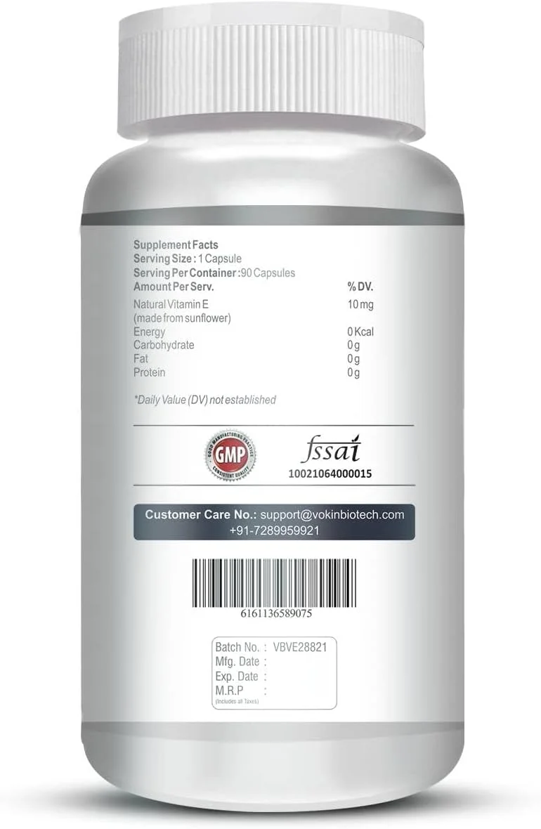 ویتامین ای طبیعی Vokin Biotech از آفتابگردان - D-Alpha-Tocopherol - 10 میلی گرم - 90 کپسول