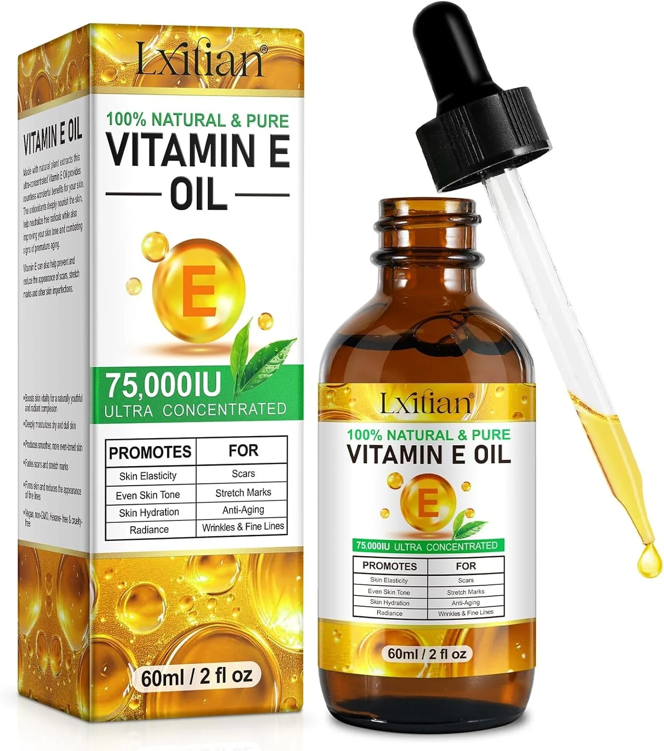 روغن ویتامین ای - 75000 واحد بین المللی، قطره ویتامین ای، سفت کننده و حجیم کننده پوست، کاهش خطوط ریز و جای زخم، برای پوست، جای زخم، صورت و بدن، 60 میلی لیتر، پرس سرد