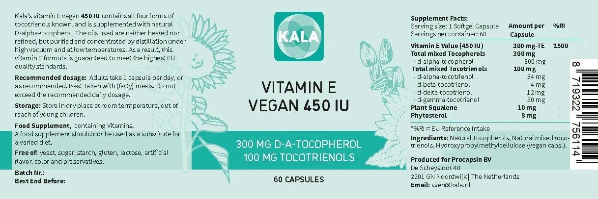 ویتامین ای 450 واحد بین المللی، 400 میلی گرم توکوفرول + توکوترینول، ویتامین ای ویگن - آلفا توکوفرول + هر 4 توکوترینول - آلفا توکوترینول + بتا توکوترینول + دلتا توکوترینول و گاما توکوترینول