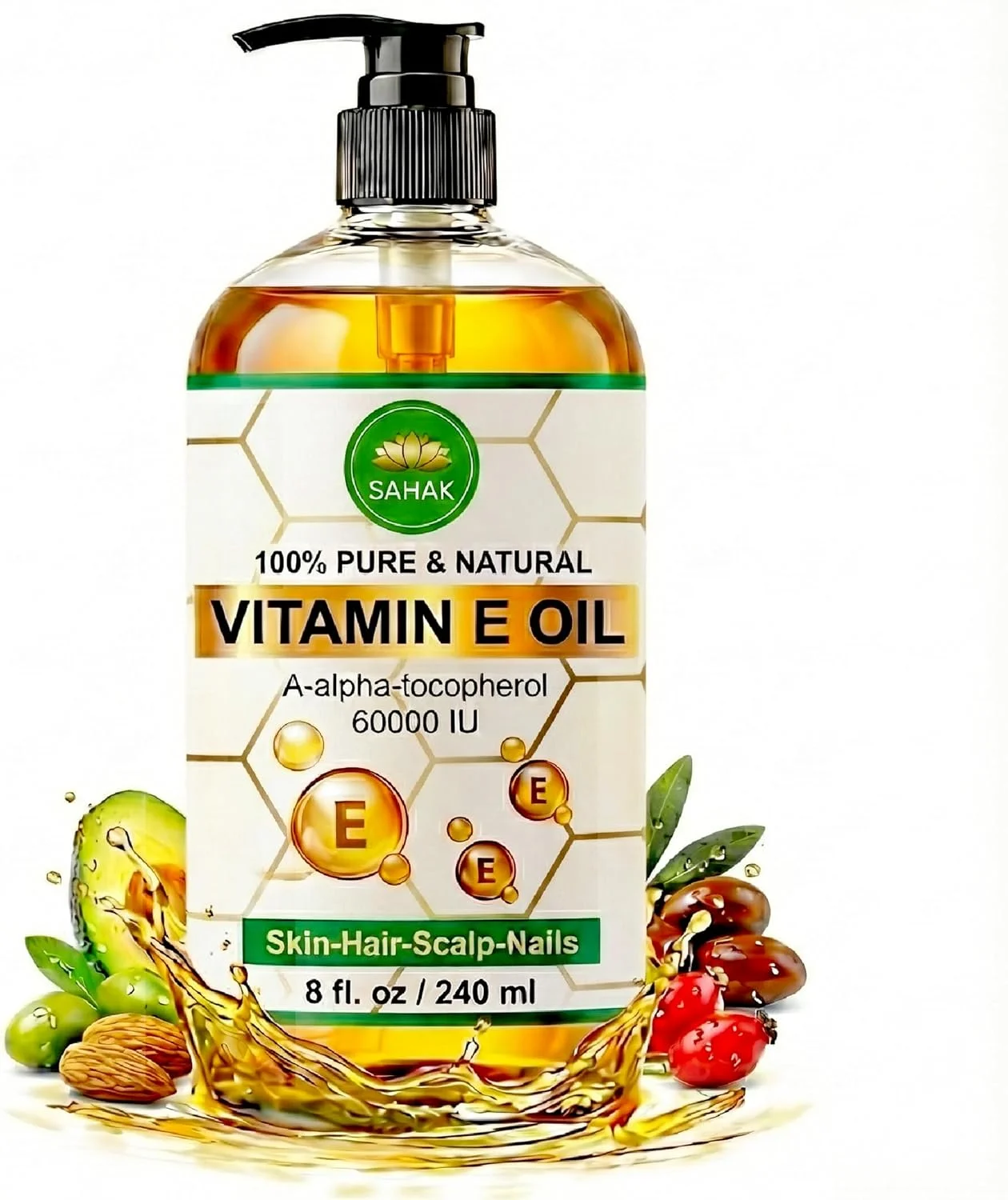 روغن ویتامین ای طبیعی SAHAK - ۱۰۰٪ خالص، پرس سرد، ۶۰۰۰۰ واحد بین المللی، بدون هگزان و غیر تراریخته، روغن ویتامین ای برای