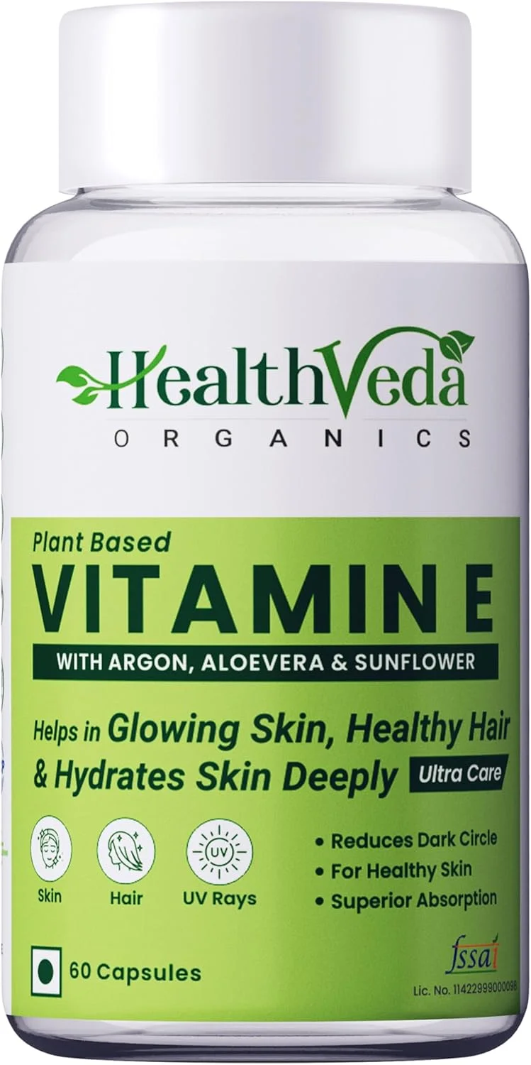 کپسول ویتامین ای Health Veda Organics با روغن آرگان و آلوئه ورا | 60 کپسول گیاهی | پشتیبانی از سلامت مو و پوست | حفظ رطوبت و تغذیه پوست | برای آقایان و بانوان