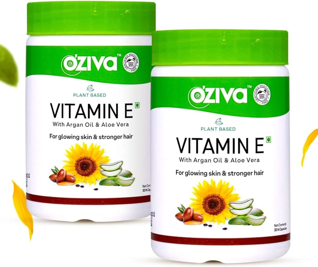 OZiva ویتامین E طبیعی گیاهی، با روغن آفتابگردان، روغن آلوئه ورا و روغن آرگان، برای پوست درخشان و موهای قوی (ویتامین E، بسته 2 عددی)
