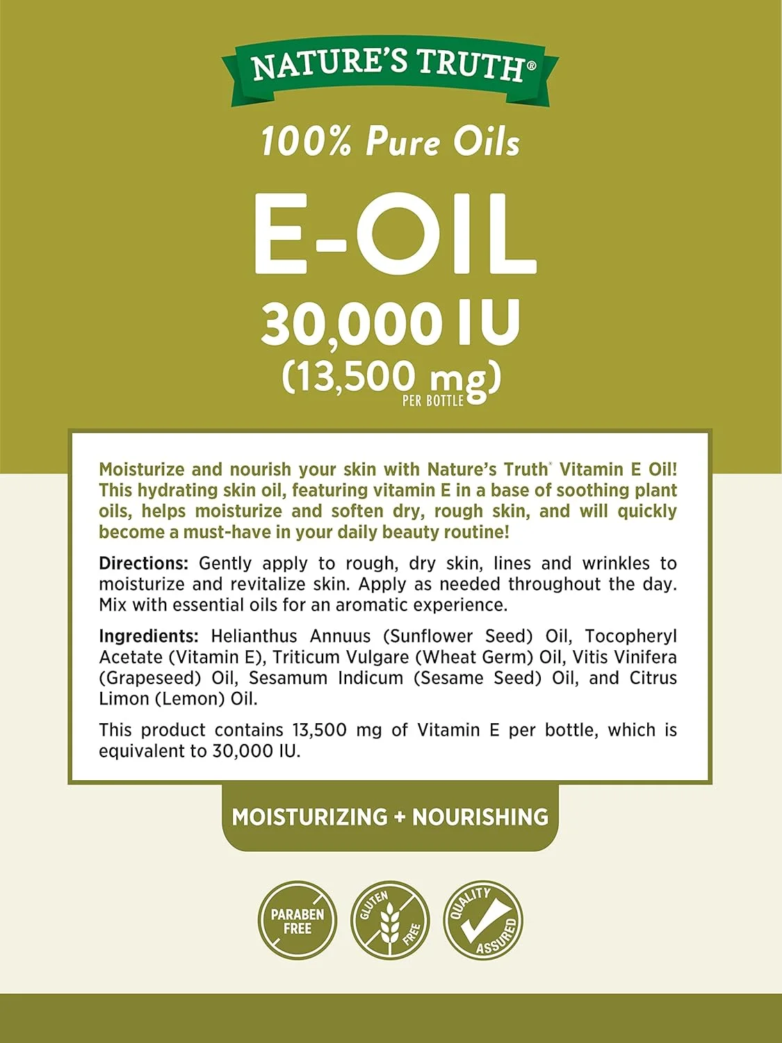 روغن ویتامین ای Nature's Truth برای پوست 30000 واحد بین المللی | 100% خالص | 118 میلی لیتر | با رایحه لیمو | تست شده با GC/MS |