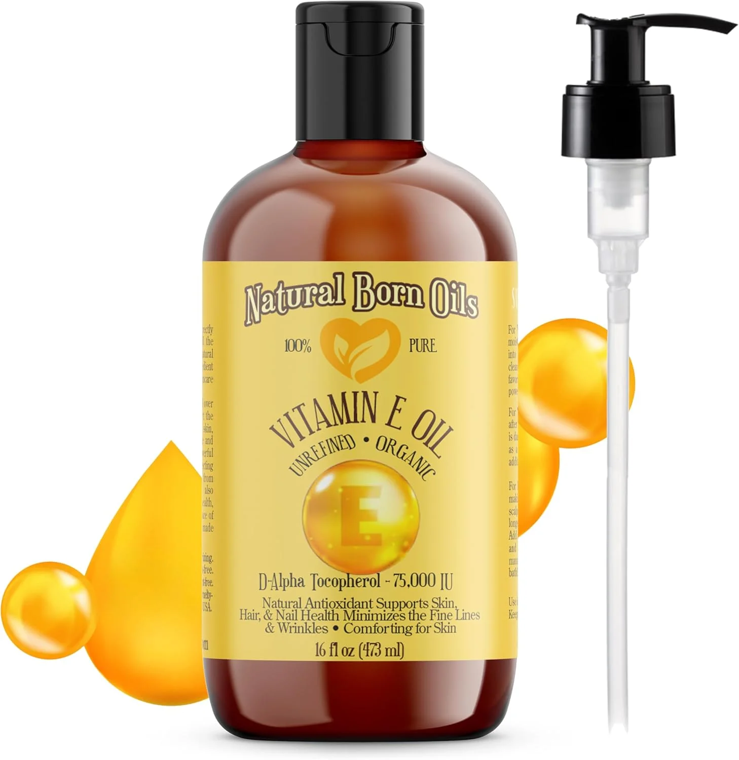 روغن ویتامین ای Natural Born Oils (تهیه شده از جوانه گندم)، ۴۷۳ میلی لیتر، ارگانیک، پرس سرد، غنی از مواد مغذی، عالی برای پوست درخشان و موهای براق