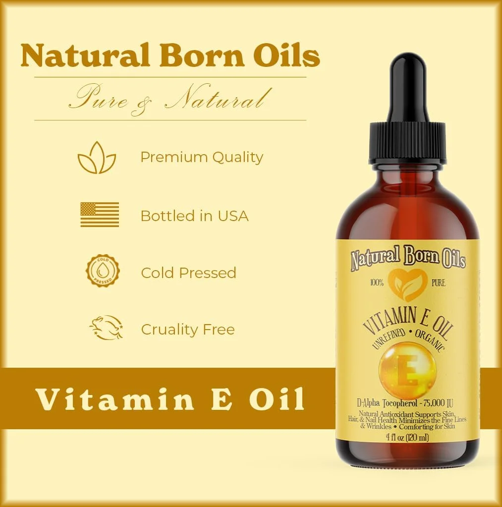 روغن ویتامین ای Natural Born Oils (تهیه شده از جوانه گندم)، ۴۷۳ میلی لیتر، ارگانیک، پرس سرد، غنی از مواد مغذی، عالی برای پوست درخشان و موهای براق