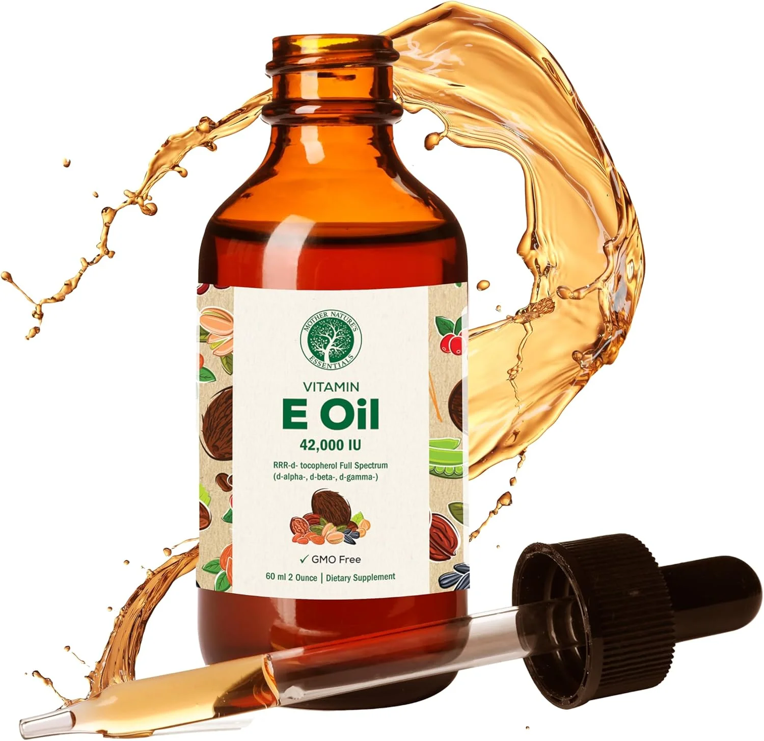 روغن ویتامین ای ۱۰۰٪ طبیعی Mother Nature's Essentials، گرید غذایی ۴۲۰۰۰ IU، رنگ کهربایی تیره، تهیه و تولید شده در ایالات متحده آمریکا (۶۰ میلی لیتر)