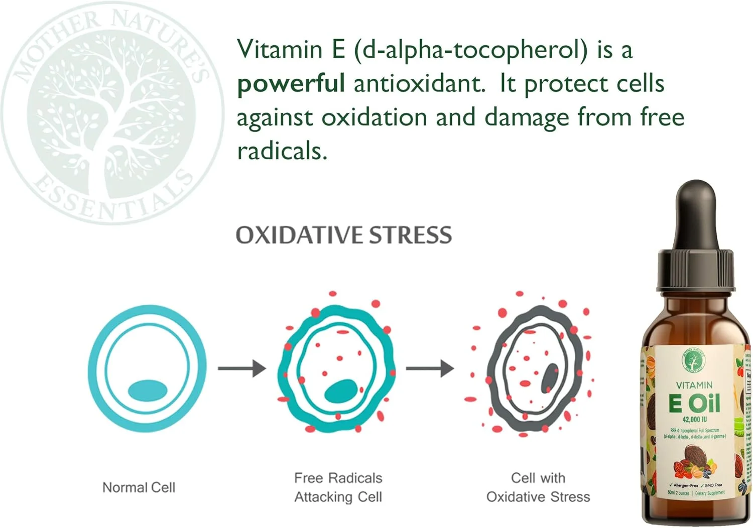 روغن ویتامین ای ۱۰۰٪ طبیعی Mother Nature's Essentials، گرید غذایی ۴۲۰۰۰ IU، رنگ کهربایی تیره، تهیه و تولید شده در ایالات متحده آمریکا (۶۰ میلی لیتر)