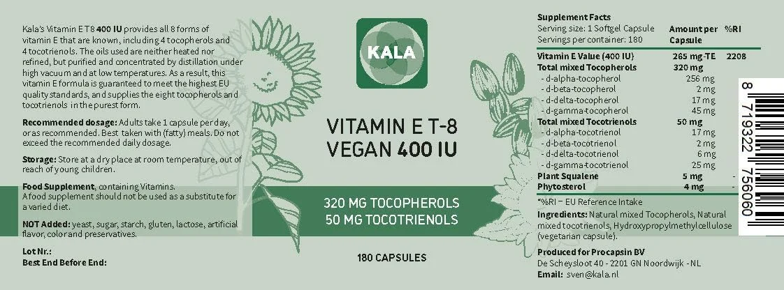 ویتامین ای کالا هلث - شامل تمام ۸ توکوفرول + توکوترینول ۴۰۰ واحد بین المللی گیاهی - آلفا توکوفرول/توکوترینول + بتا توکوفرول/توکوترینول + گاما توکوفرول/توکوترینول + دلتا توکوفرول/توکوترینول