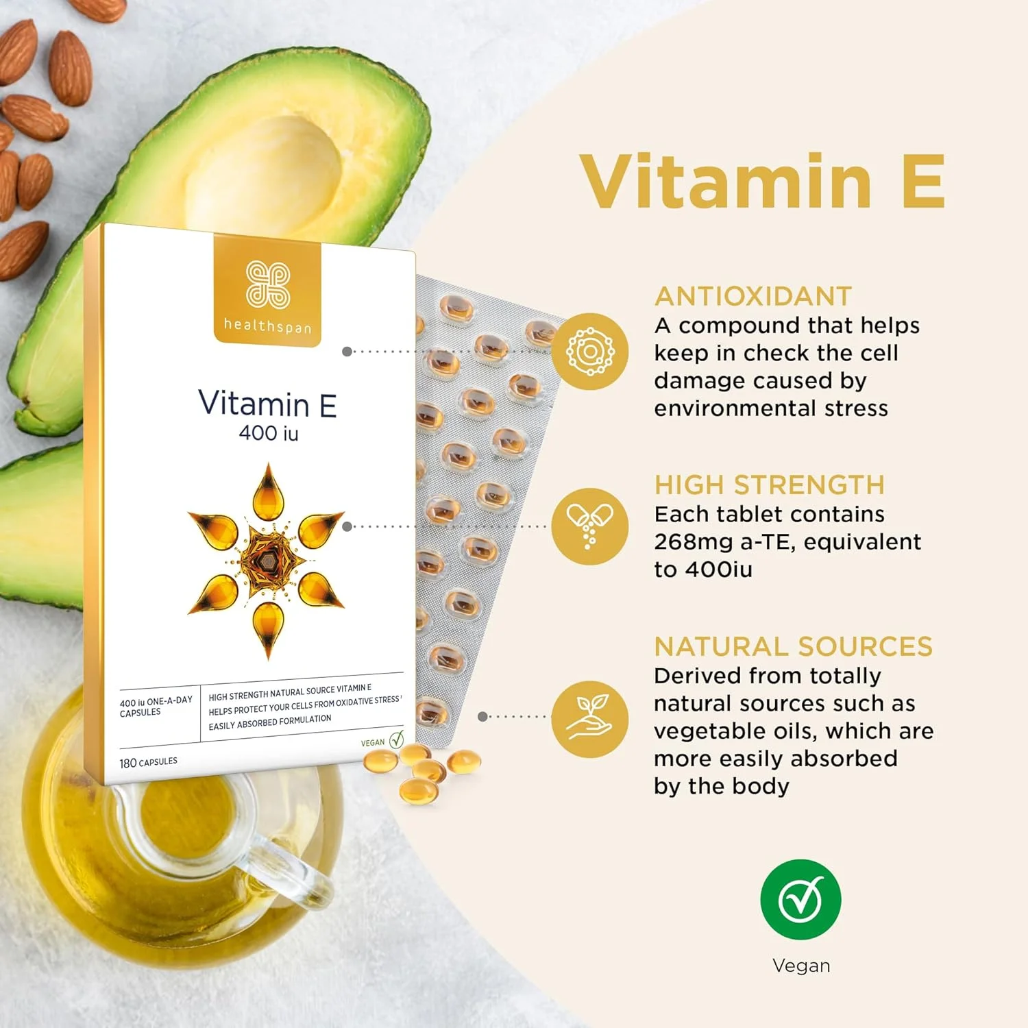 ویتامین ای 400 واحد بین المللی هلث اسپن | فرمول قوی برای مقابله با آسیب سلولی | تهیه شده از روغن های گیاهی طبیعی برای جذب آسان | پشتیبانی آنتی اکسیدانی قوی | وگان (180 کپسول)