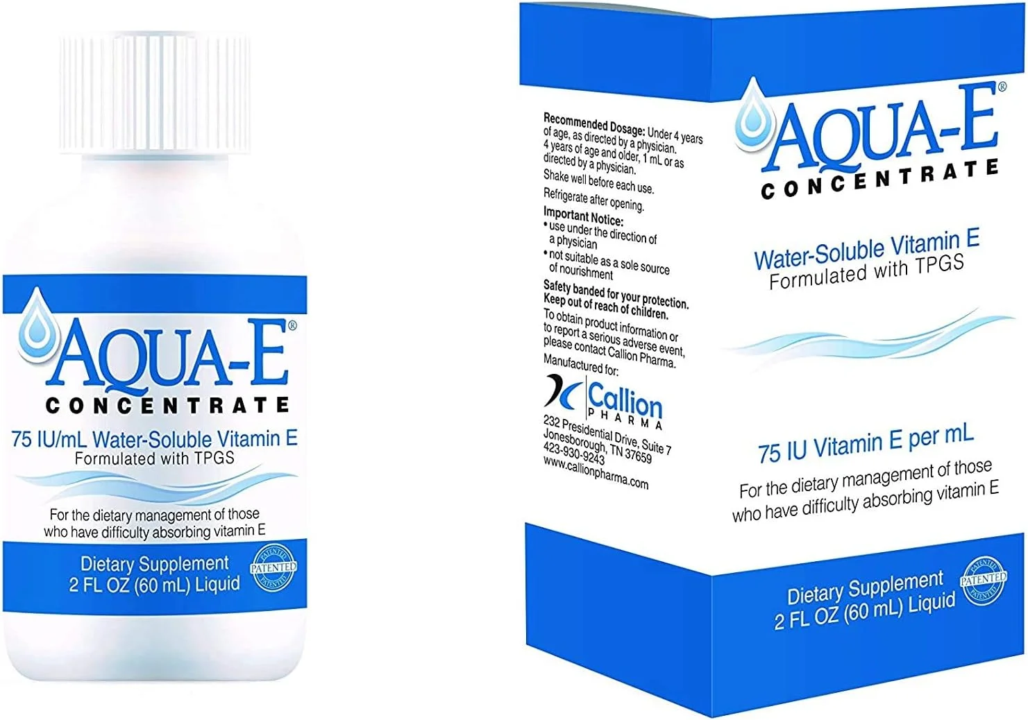 محلول غلیظ Aqua-E از Callion Pharma، ۷۵ واحد بین المللی در هر میلی لیتر، بطری ۶۰ میلی لیتری