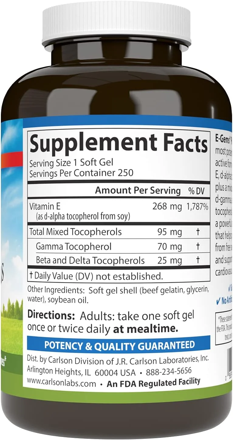 کارلسون، ای-جمز پلاس، 400 واحد بین المللی (268 میلی گرم)، 250 سافت ژل