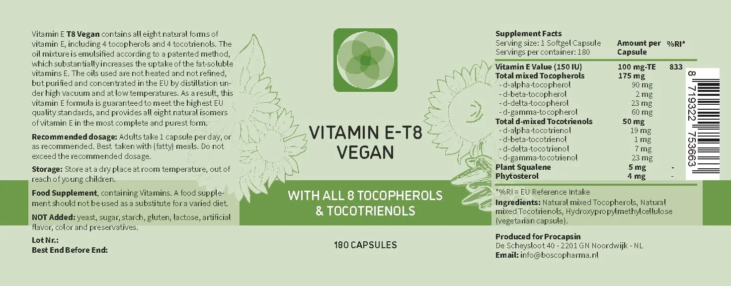 کپسول ویتامین ای T8 کالا هلث، 180 عدد، حاوی هر 8 فرم ویتامین ای شامل هر 4 توکوترینول و هر 4 توکوفرول، تهیه شده از منبع طبیعی