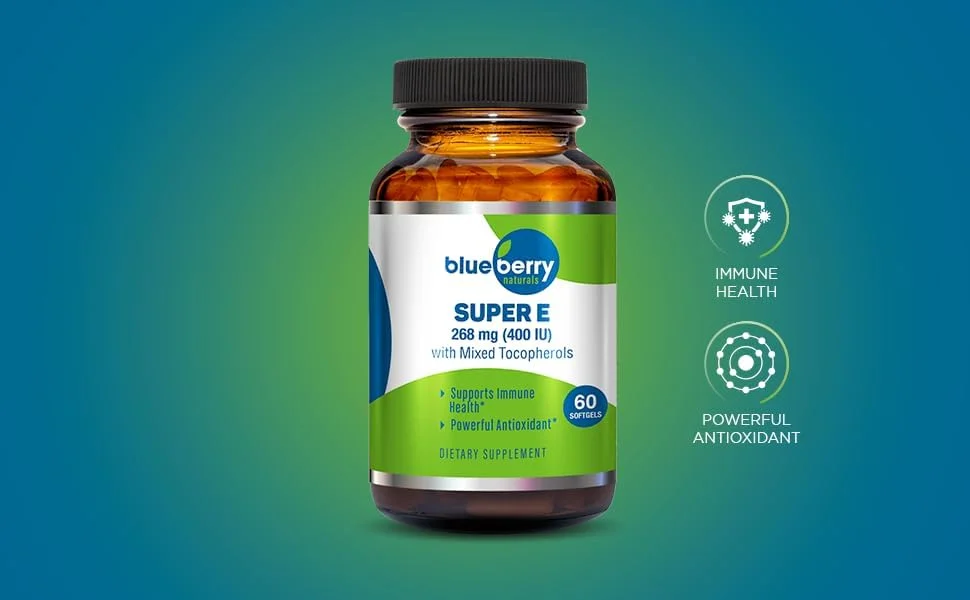 کپسول های نرم سوپر ای 400 واحد بین المللی بلوبری نچرالز - 60 عددی | مکمل ویتامین ای آنتی اکسیدانی برای سلامت پوست، سیستم ایمنی و سلولی