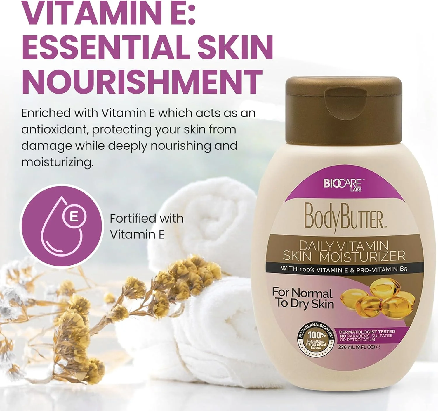 کره بدن مرطوب کننده BioCare Labs - کرم بدن حاوی ویتامین E و پرو ویتامین B5 - فورا جذب شده و پوست را عمیقا احیا می کند - لوسیون طراحی شده برای پوستی به طور محسوسی نرم تر کره بدن مرطوب کننده BioCare Labs - کرم بدن حاوی ویتامین E و پرو ویتامین B5 - فورا جذب شده و پوست را عمیقا احیا می کند - لوسیون طراحی شده برای پوستی به طور محسوسی نرم تر