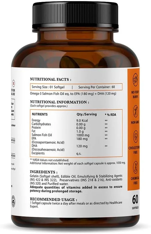 کپسول روغن ماهی سالمون نیرواسا برای آقایان و بانوان با 1000 میلی گرم امگا 3، 180 میلی گرم EPA، 120 میلی گرم DHA - 60 کپسول - سافت ژل، بسته 1 عددی