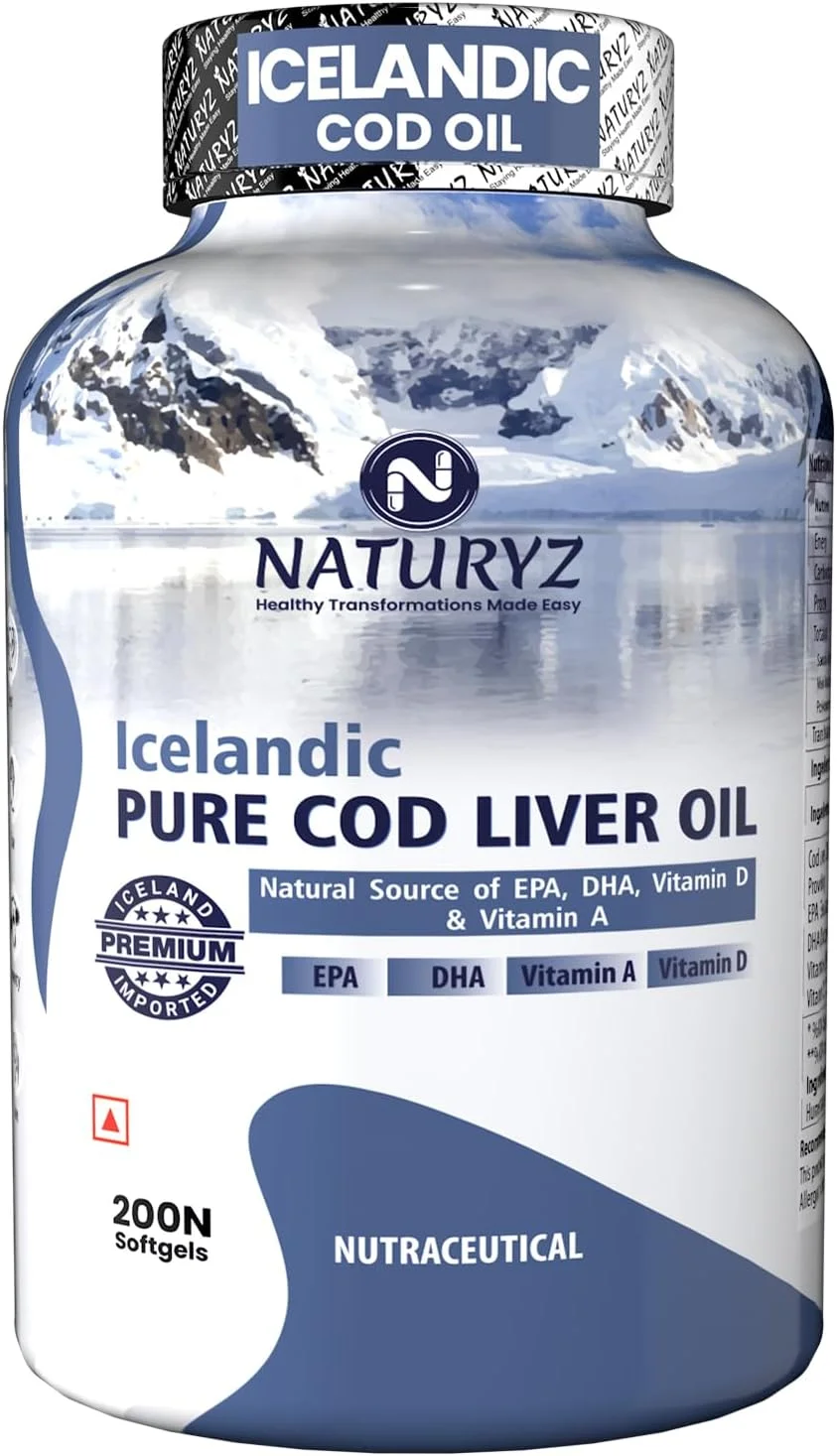 کپسول روغن کبد ماهی کاد ایسلندی Naturyz، حاوی امگا 3 طبیعی (EPA و DHA)، غنی از ویتامین D و A، فاقد جیوه، تقویت سیستم ایمنی، سلامت پوست، چشم، عضلات و مفاصل، 200 سافت ژل