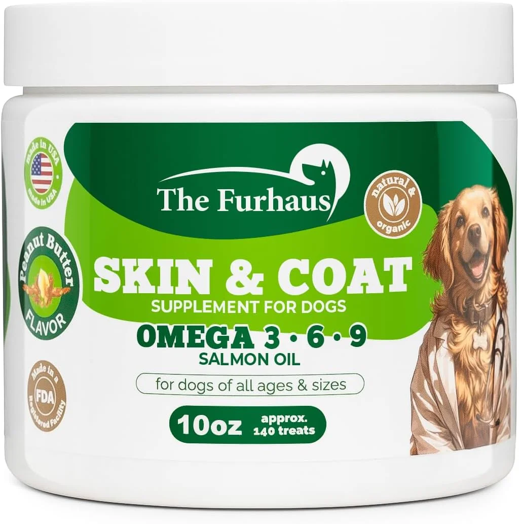 تشویقی امگا 3 برای پوست و موی سگ ها - مکمل 283 گرمی حاوی روغن ماهی سالمون و مخلوط سبزیجات - طعم کره بادام زمینی، ویتامین های تسکین دهنده خارش پوست سگ