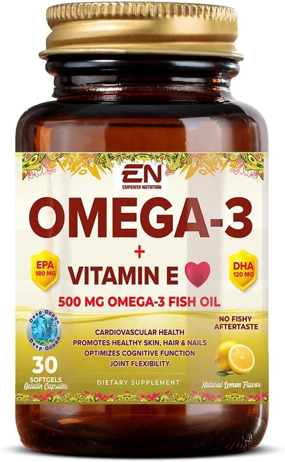امگا 3 + ویتامین ای، 500 میلی گرم روغن ماهی امگا 3، پشتیبانی از سلامت قلب و عروق، عملکرد شناختی، پوست و انعطاف پذیری مفاصل (30 سافت ژل)