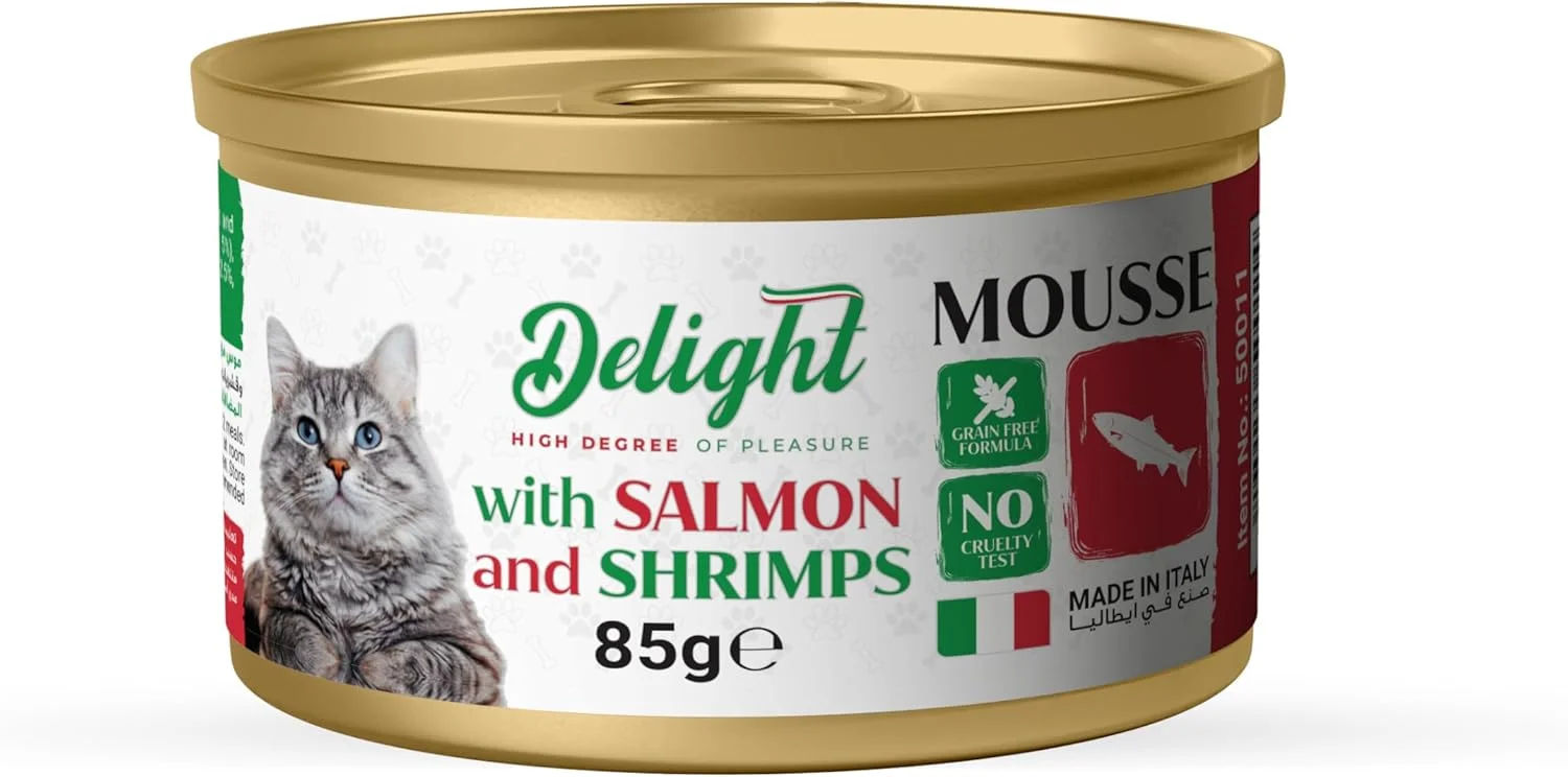 موس لذیذ با طعم ماهی سالمون و میگو ۸۵ گرم – غذای مرطوب گربه، غذای لذیذ غنی از امگا ۳