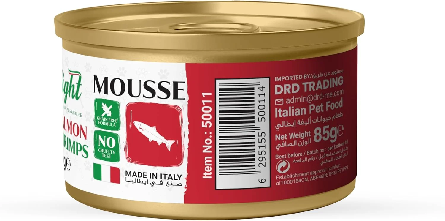 موس لذیذ با طعم ماهی سالمون و میگو ۸۵ گرم – غذای مرطوب گربه، غذای لذیذ غنی از امگا ۳