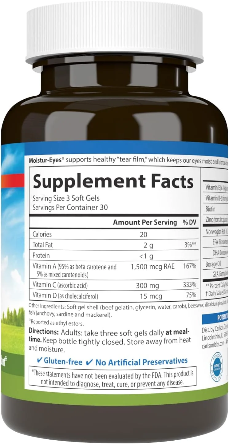 کارلسون - فرمول تخصصی چشم Moistur-Eyes، تقویت و حفظ رطوبت طبیعی چشم، 90 سافت ژل