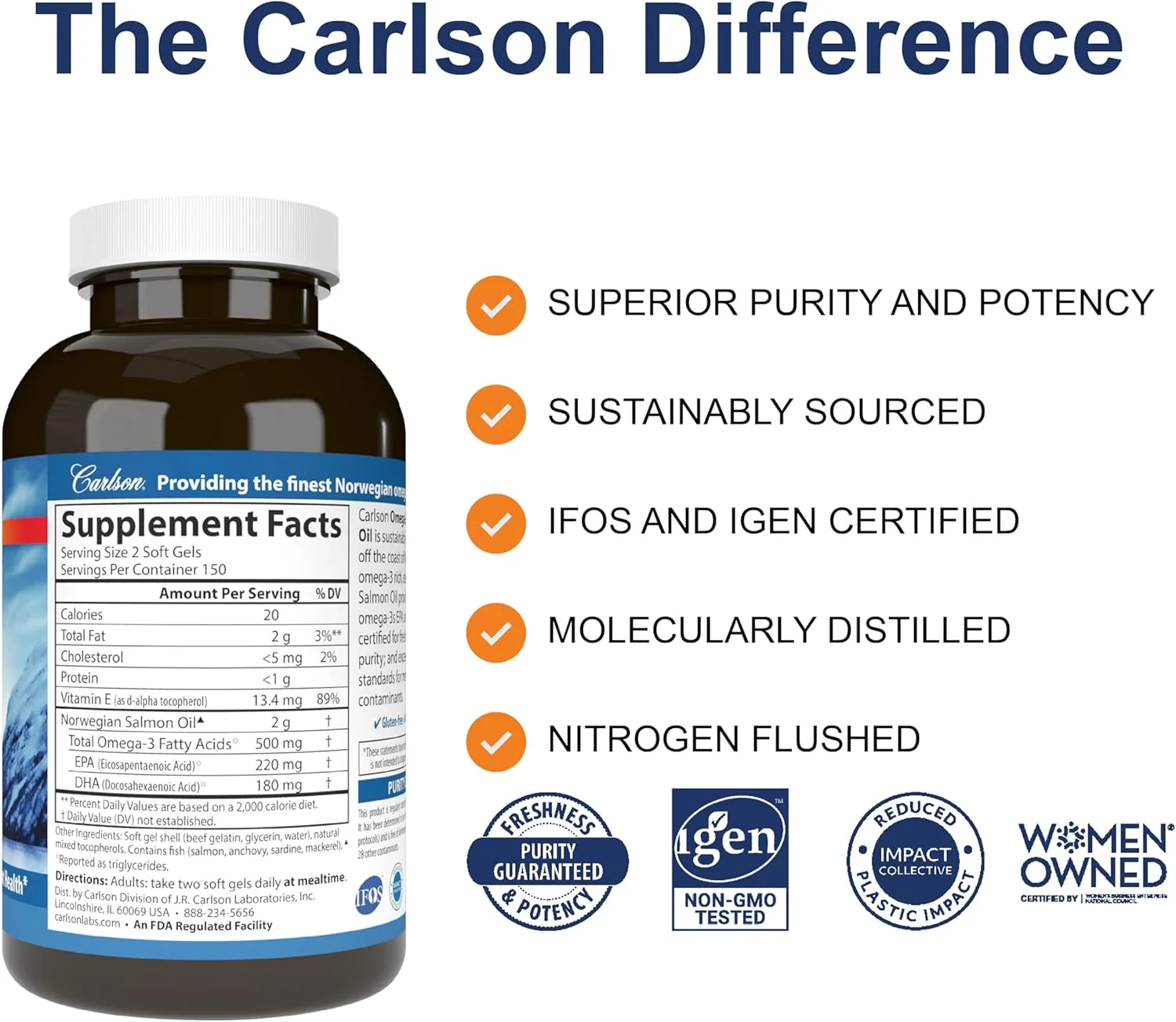 روغن ماهی سالمون نروژی کارلسون لبز 500 میلی گرم، 300 سافت ژل 125580