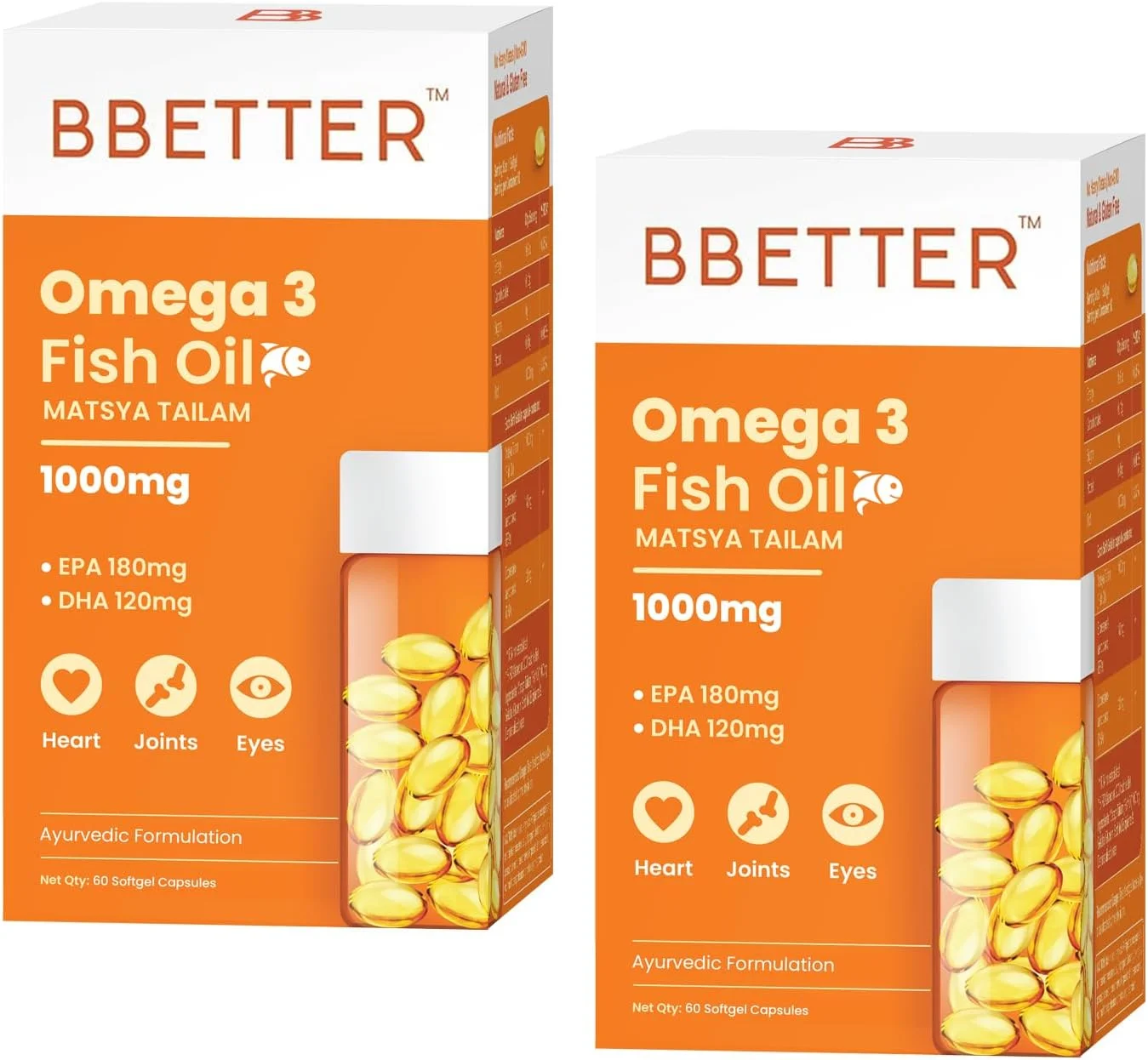 روغن ماهی امگا 3 BBETTER | کپسول های 1000 میلی گرمی اسید چرب امگا 3 با 180 میلی گرم EPA و 120 میلی گرم DHA | مکمل روغن ماهی امگا 3 برای زنان و مردان - بسته 2 عددی (120 سافت ژل)