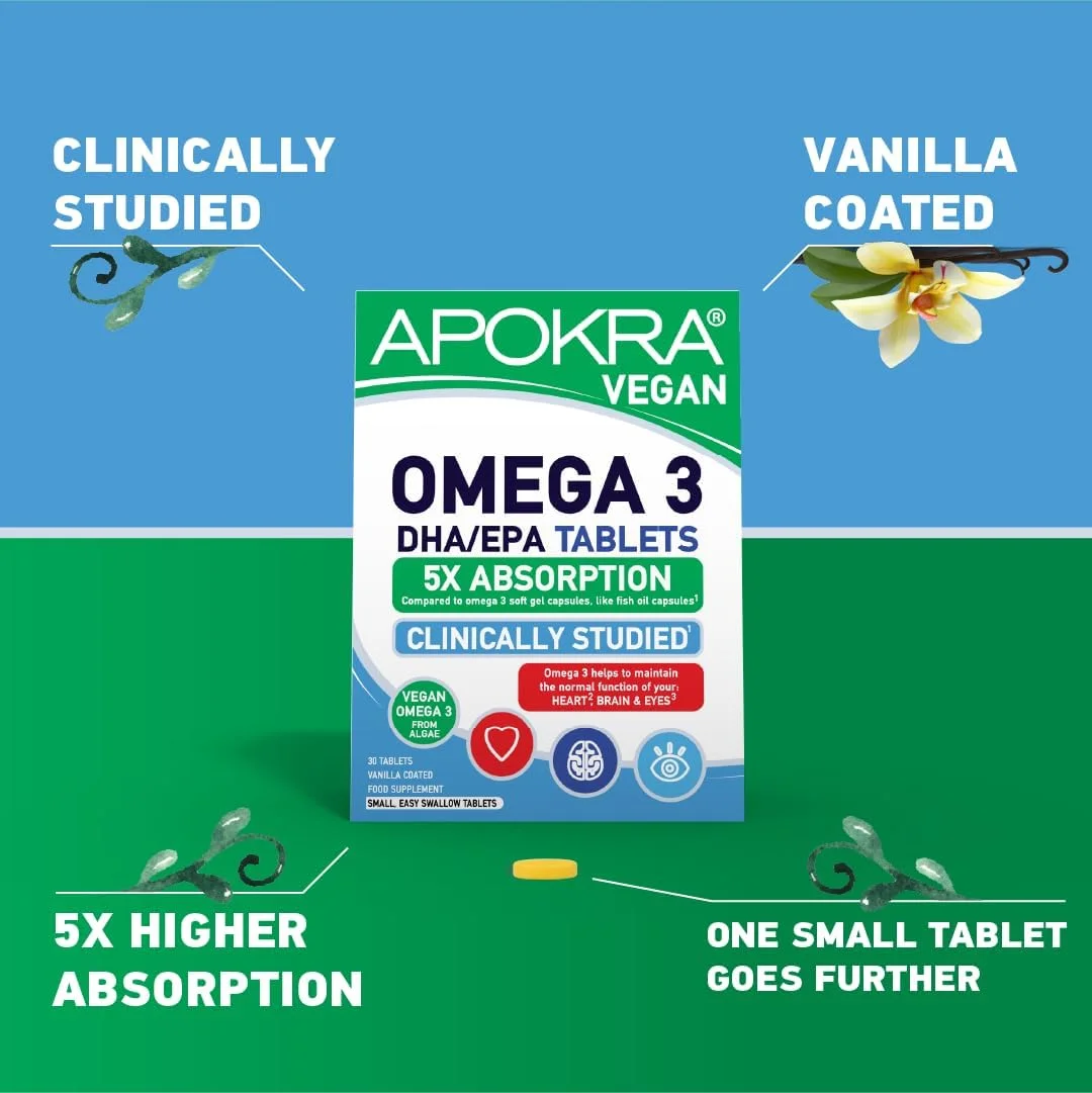 امگا 3 وگان آپوکرا | 625 میلی گرم DHA و EPA در هر قرص کوچک و بلع آسان | 5 برابر جذب بیشتر در مقایسه با روغن ماهی | مورد مطالعه بالینی | روغن جلبک | 30 عدد
