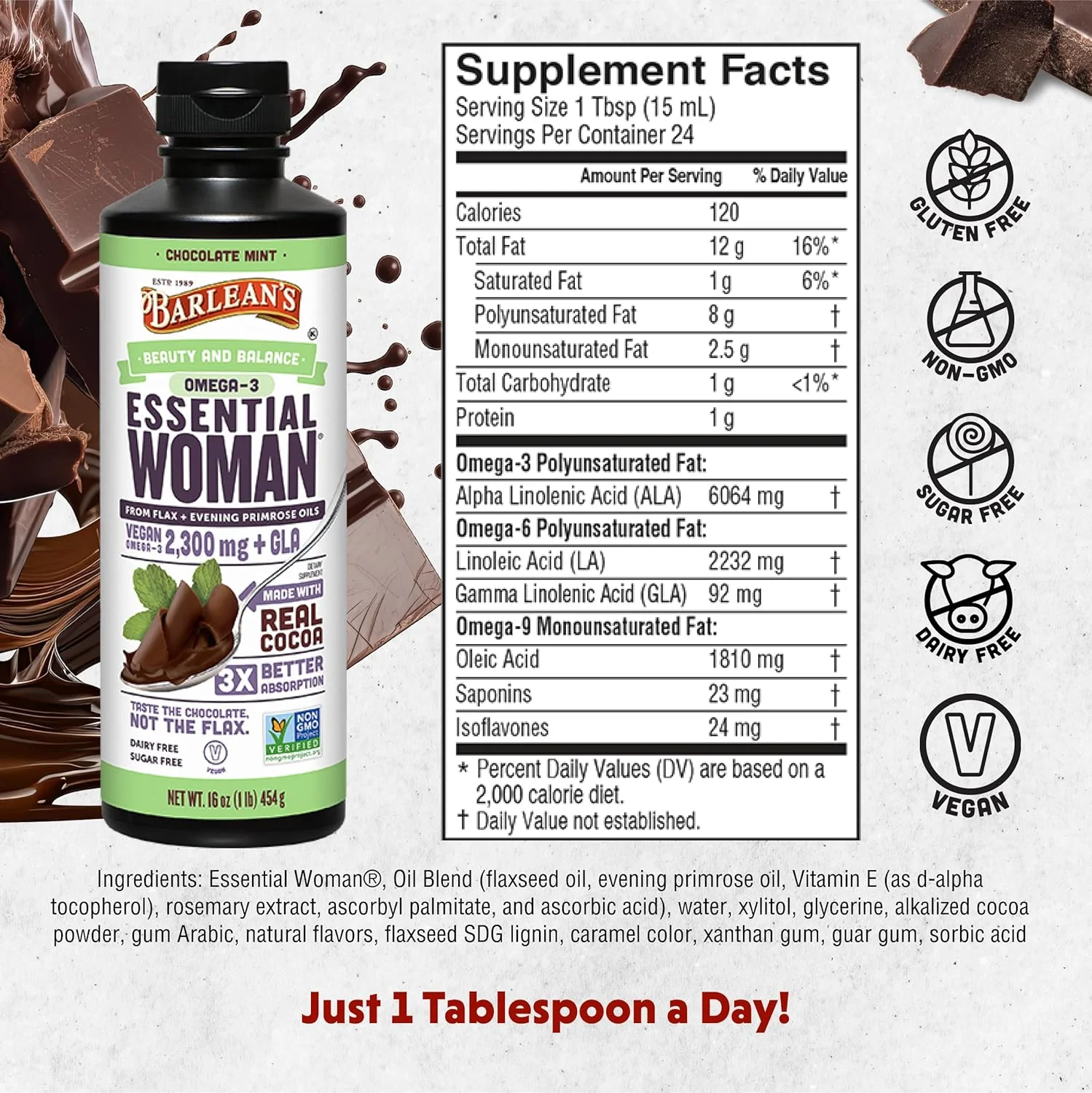 مخلوط روغن کتان با طعم نعناع شکلاتی بارلینز مخصوص بانوان، حاوی امگا 3، 6 و 9 و GLA - وگان، غیر تراریخته، بدون گلوتن - 473 میلی لیتر - FG-10056