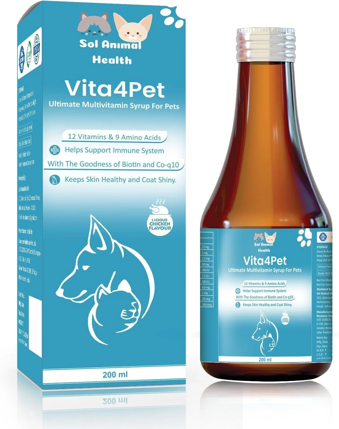 شربت مولتی ویتامین نهایی Vita4pet، ۲۰۰ میلی لیتر، برای سگ و گربه | Sol Animal Health | شربت مولتی ویتامین برای حیوانات خانگی | سلامتی ممتاز برای پوست، مفاصل و سیستم ایمنی سالم | مکمل رشد مغذی