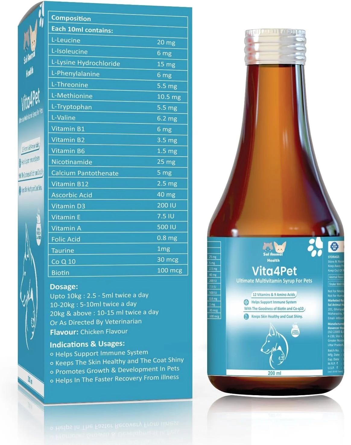 شربت مولتی ویتامین نهایی Vita4pet، ۲۰۰ میلی لیتر، برای سگ و گربه | Sol Animal Health | شربت مولتی ویتامین برای حیوانات خانگی | سلامتی ممتاز برای پوست، مفاصل و سیستم ایمنی سالم | مکمل رشد مغذی
