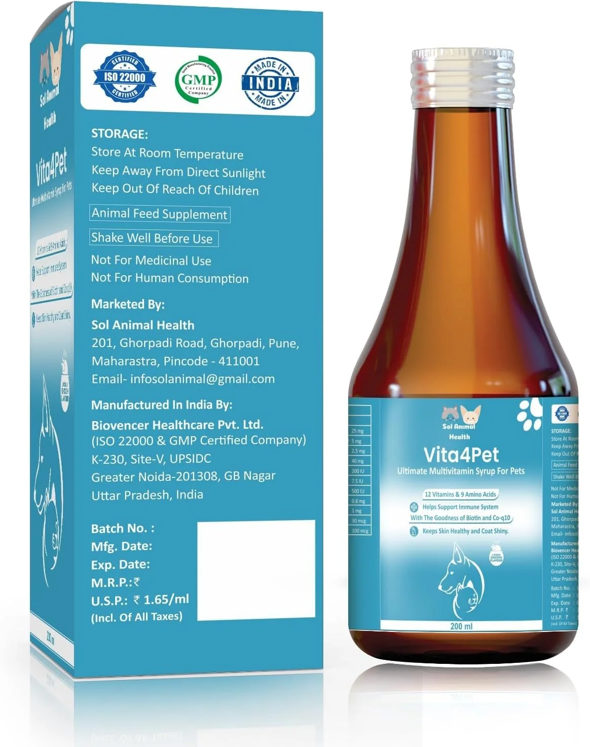 شربت مولتی ویتامین نهایی Vita4pet، ۲۰۰ میلی لیتر، برای سگ و گربه | Sol Animal Health | شربت مولتی ویتامین برای حیوانات خانگی | سلامتی ممتاز برای پوست، مفاصل و سیستم ایمنی سالم | مکمل رشد مغذی