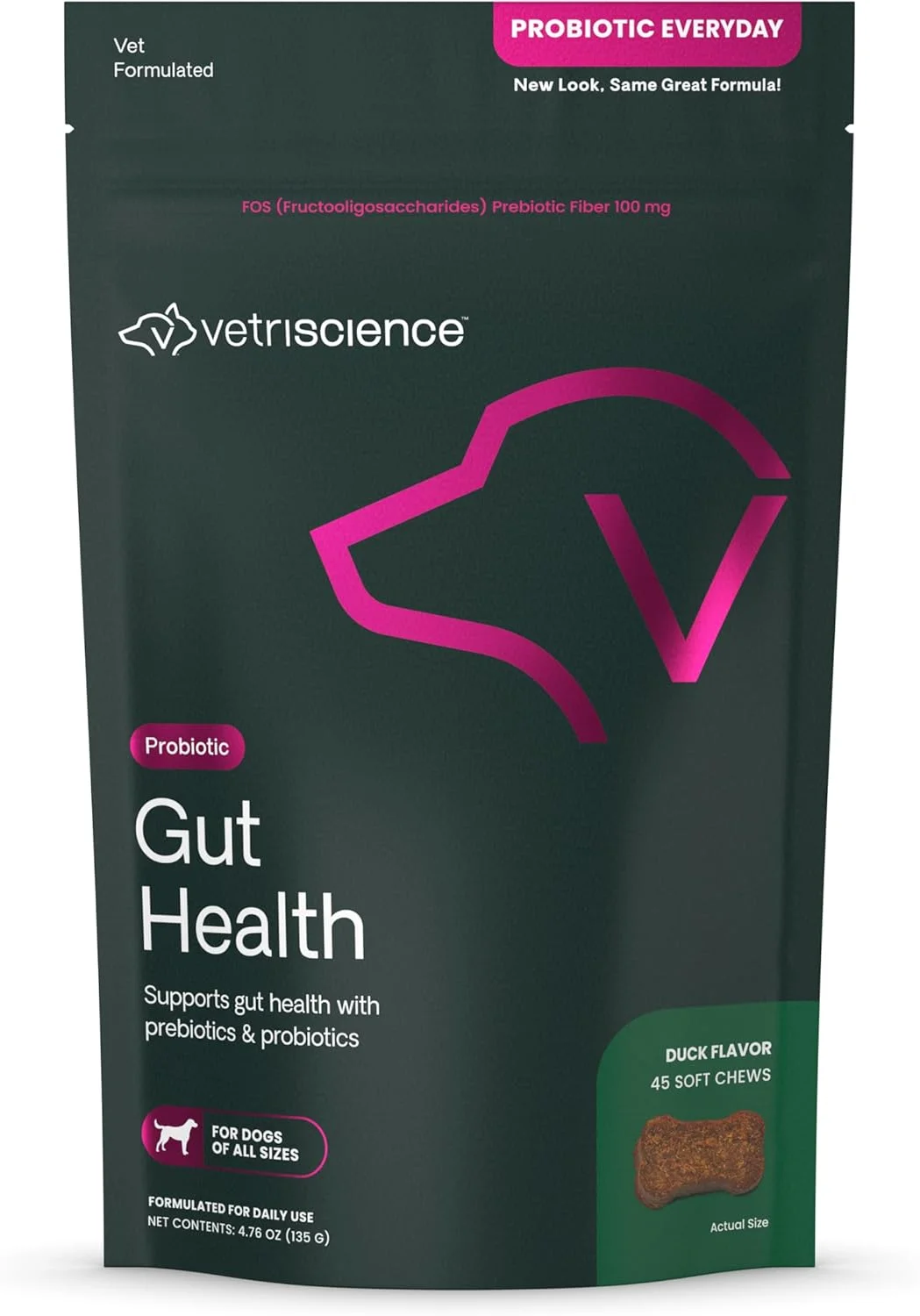 مکمل جویدنی سلامت روده VetriScience، مکمل گوارشی روزانه پروبیوتیک برای سگ ها، پروبیوتیک های حیوانات خانگی برای پشتیبانی از هضم، گاز و اسهال، پشتیبانی از سیستم ایمنی، 1 میلیارد CFU در هر جویدنی، طعم اردک، 45 عدد