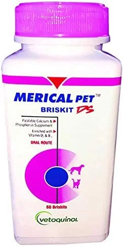 مکمل کلسیم و فسفر مریکال پت بریسکت DS وتوکینول برای سگ و گربه - 60 قرص