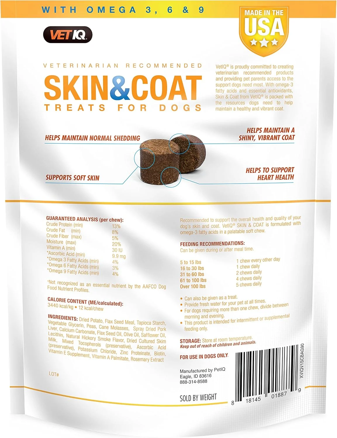 مکمل پوست و مو VetIQ برای سگ ها، تشویقی های نرم برای حمایت از پوست و موی سالم، 90 عدد