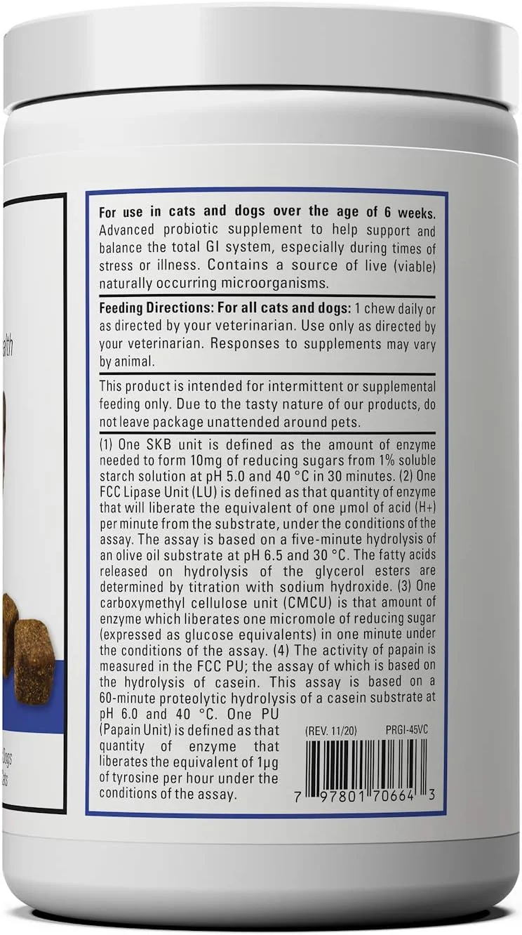 مکمل پروبیوتیک کلاسیک دامپزشکی Protegrity GI برای سگ و گربه، بهبود کیفیت مدفوع و سلامت دستگاه گوارش، پشتیبانی از سلامت دستگاه گوارش در شرایط استرس زا و نامتعادل، 45 عدد جویدنی نرم
