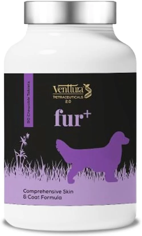 قرص های جویدنی Venttura Fur+ برای سگ ها | مکمل حیوانات خانگی برای بهبود پوست و ارتقاء پوشش سالم | کاهش ریزش مو و شوره سر | مکمل های سگ برای تمام مراحل زندگی (90 قرص جویدنی)