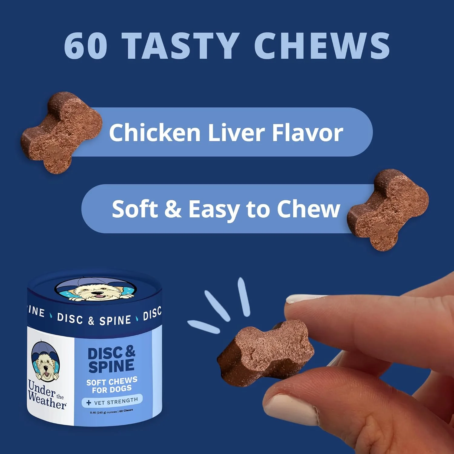 قرص های جویدنی سلامت دیسک و ستون فقرات سگ های خانگی | مکمل حمایت از دیسک ستون فقرات سگ با فرمولاسیون دامپزشکی | ایده آل برای نژادهای پاگ، بولداگ فرانسوی، داشهوند و نژادهای دارای کمر بلند با IVDD | 60 عدد