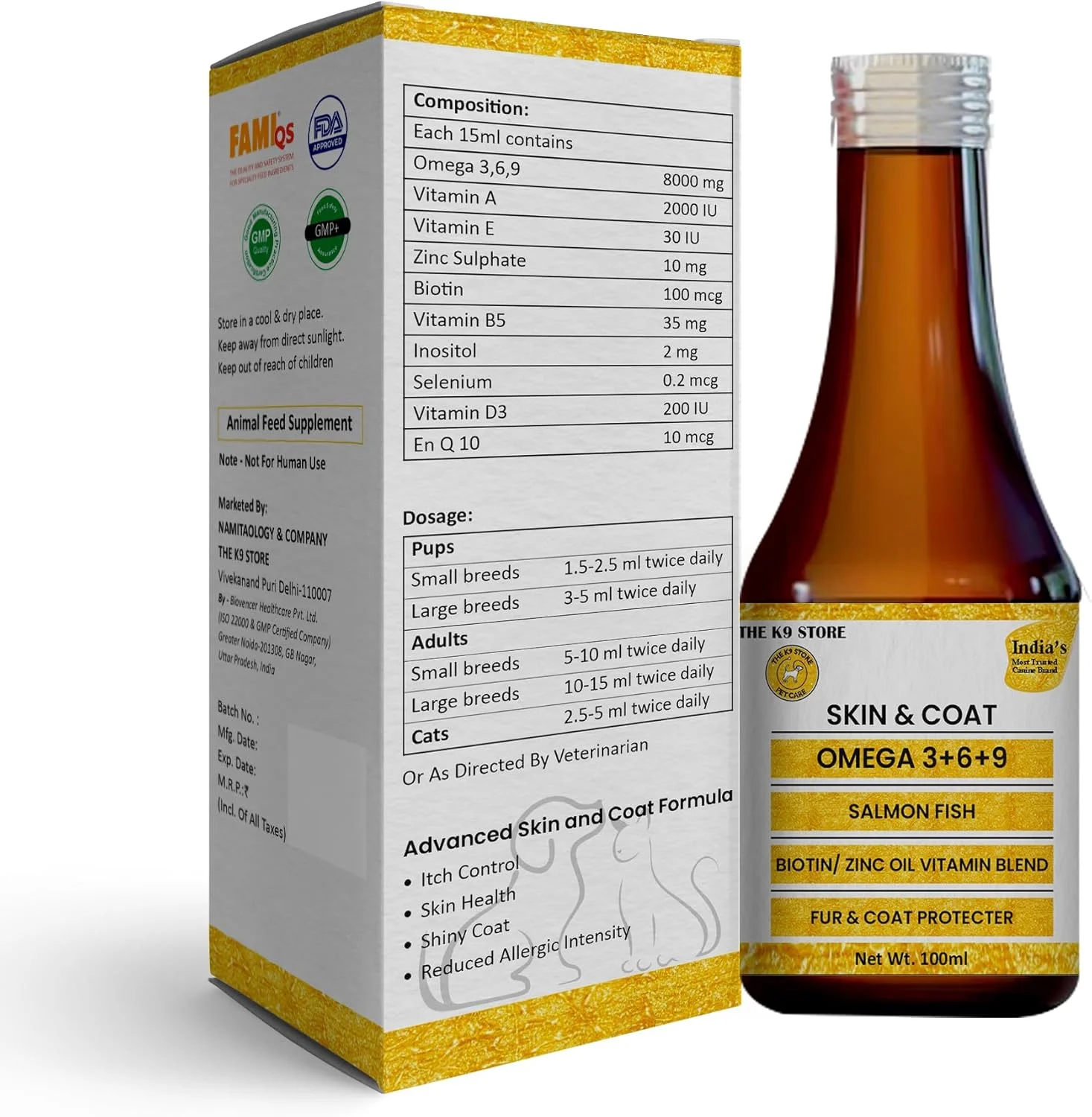 فرمول پوست و مو حاوی امگا 3 6 9 برای سگ ها و گربه ها، روغن ماهی سالمون، بیوتین، روغن زینک و ترکیب ویتامین ها برای سگ ها و گربه ها. روغن ماهی | داروی کنترل ریزش موی سگ (100 میلی لیتر)