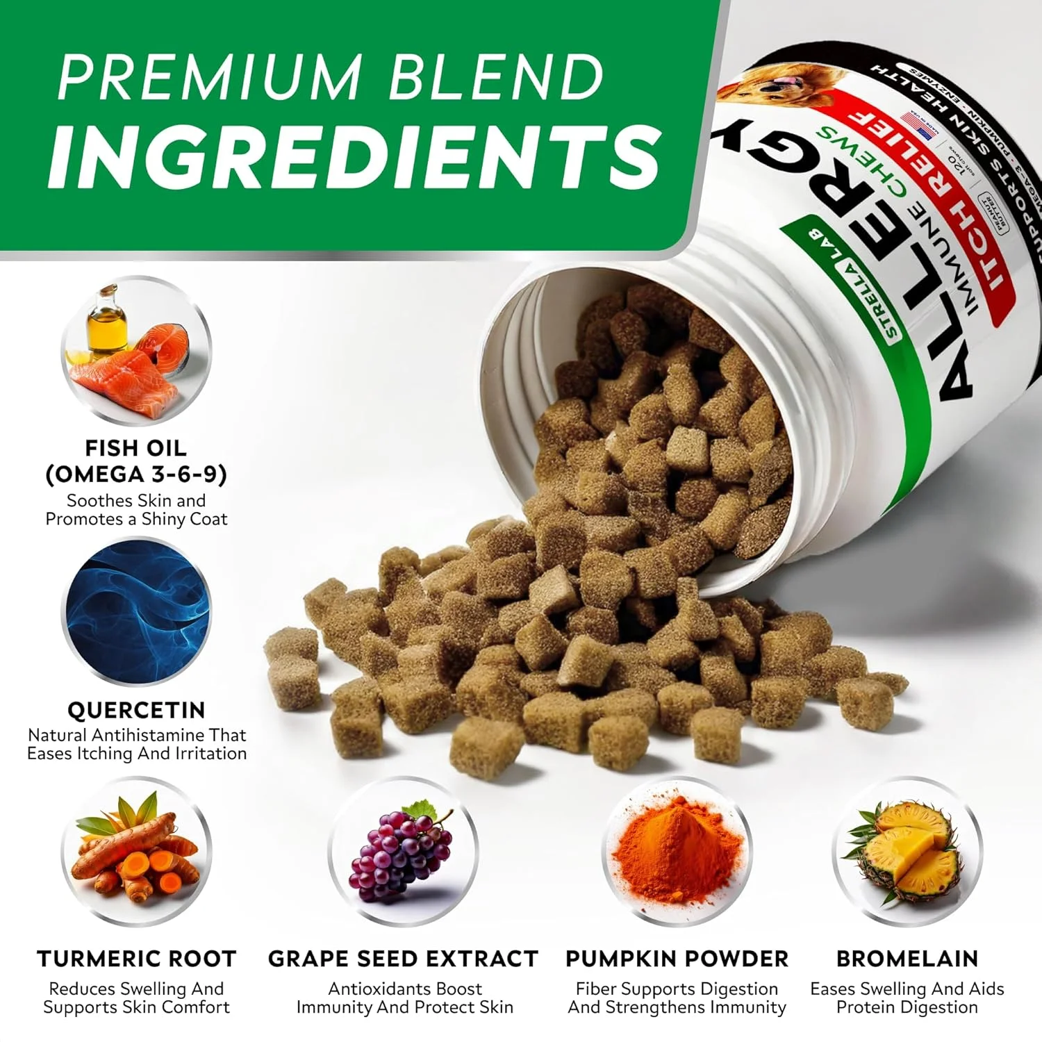 جویدنی های ضد حساسیت و خارش سگ STRELLALAB با امگا 3: مواد اولیه واقعی، طعم واقعی! مکمل تقویت کننده سیستم ایمنی برای پوست و مو با روغن ماهی و کدو تنبل