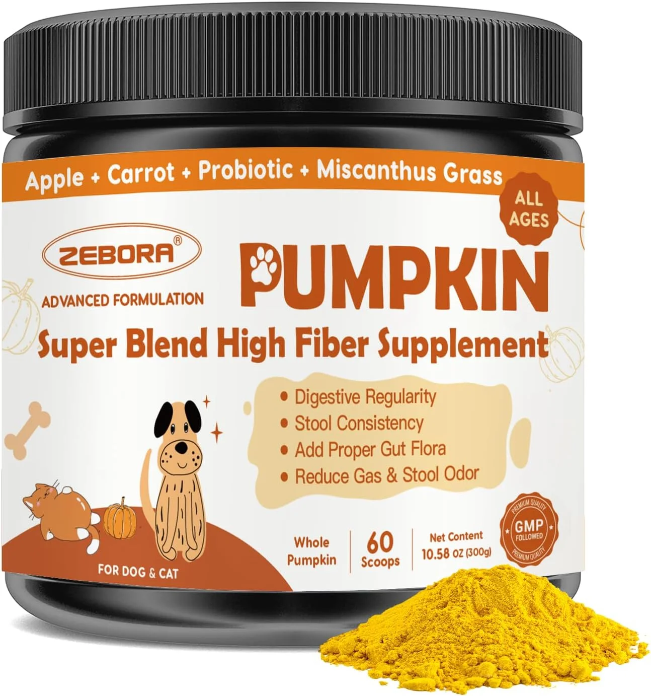 پودر کدو تنبل برای سگ ها و گربه ها، فیبر طبیعی حاوی سیب، پروبیوتیک برای سلامت دستگاه گوارش، کمک به رفع اسهال و یبوست، با اضافه کردن آب پوره کدو تنبل درست کنید، 300 گرم