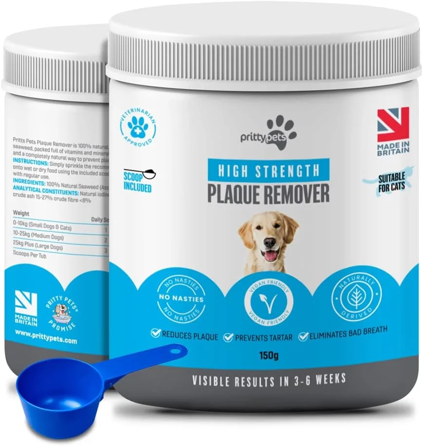 از بین برنده جرم دندان سگ 150 گرمی، مناسب سگ و گربه، 100% طبیعی، درمان جرم و پلاک دندان - به سادگی به غذا اضافه کنید، بدون نیاز به مسواک یا خمیر دندان سگ - از بین برنده بوی بد دهان (150 گرم)