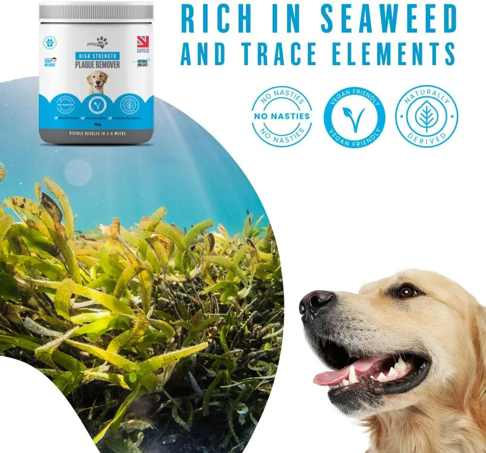 از بین برنده جرم دندان سگ 150 گرمی، مناسب سگ و گربه، 100% طبیعی، درمان جرم و پلاک دندان - به سادگی به غذا اضافه کنید، بدون نیاز به مسواک یا خمیر دندان سگ - از بین برنده بوی بد دهان (150 گرم)