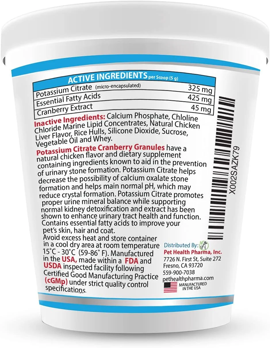 گرانول سیترات پتاسیم پلاس کرن‌بری ۳۰۰ گرمی برای گربه‌ها و سگ‌ها - پشتیبانی از دستگاه ادراری - کمک به جلوگیری از تشکیل سنگ‌های اگزالات کلسیم - جلوگیری از سنگ مثانه و کلیه (ساخت ایالات متحده آمریکا)