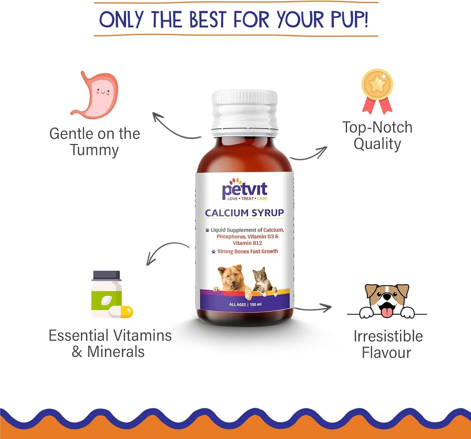 شربت کلسیم سگ پت ویت | کلسیم ضروری برای سگ ها | شربت کلسیم سگ برای استخوان های سالم | پشتیبانی از دندان های قوی | 100 میلی لیتر